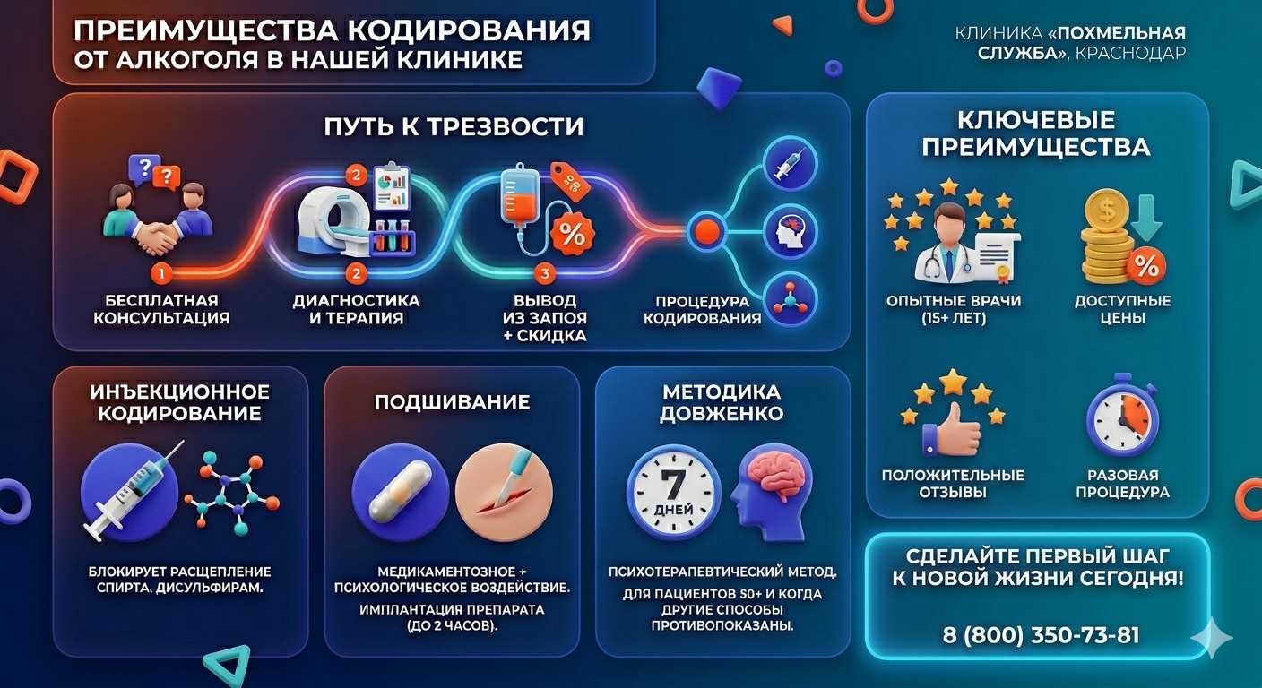 Инфографика о методах кодирования от алкоголя в Фастовецкой: инъекции, подшивание, метод Довженко. Преимущества клиники и этапы лечения.
