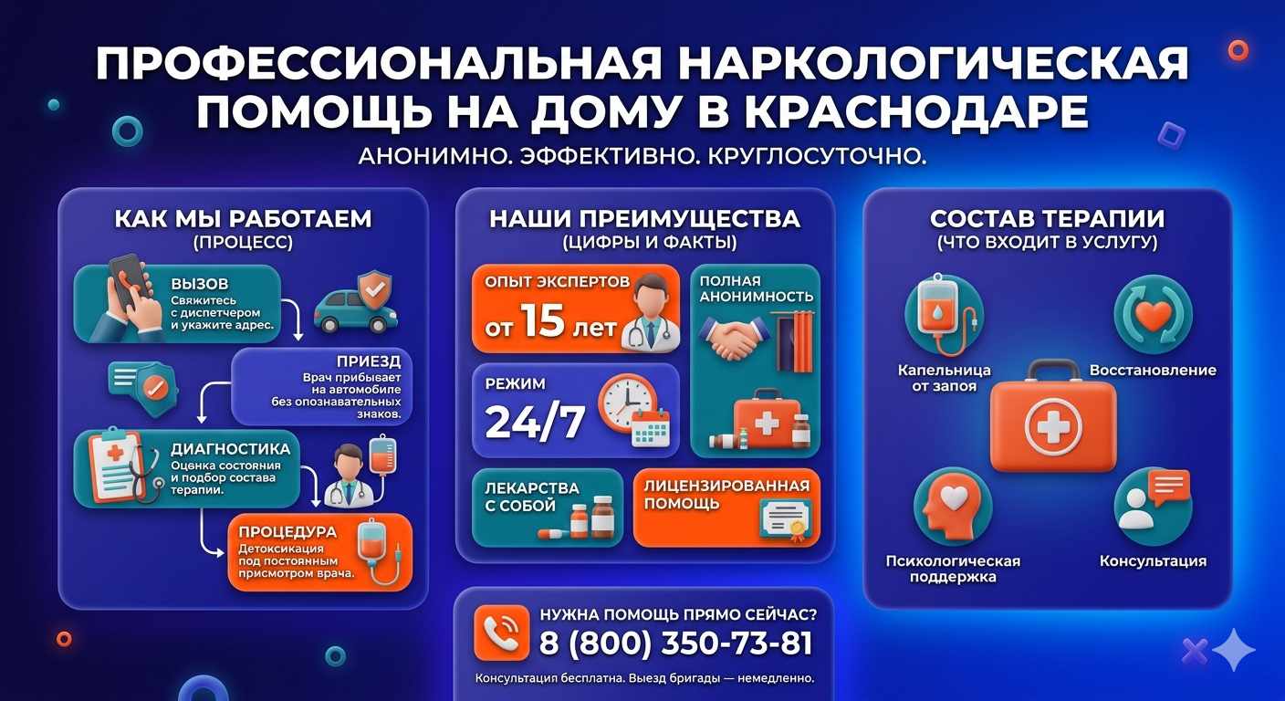 Инфографика о принципах лечения алкоголизма на дому в Фастовецкой: этапы вызова нарколога, преимущества анонимной детоксикации и состав медицинской помощи.